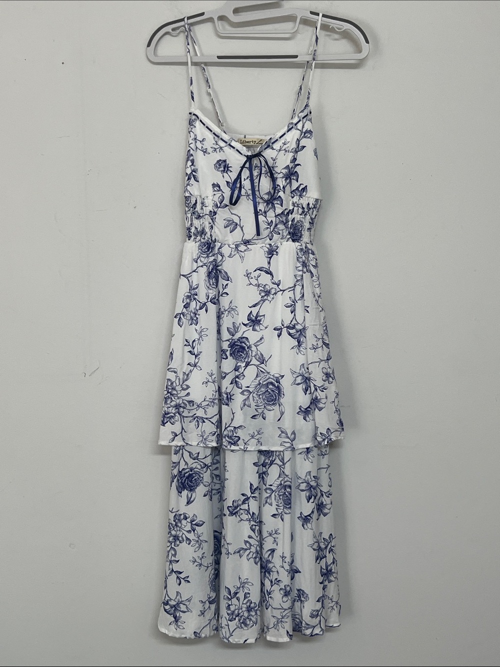🌞 Liberty Love White High-Low Dress with Blue Floral Print